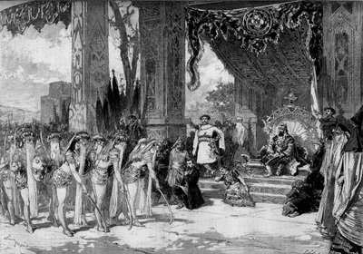 التمثيل المسرحي: "ميشيل ستروجوف" لجول فيرن (1828-1905) وأدولف دي إنري (دينيري) (1811-1899). اللوحة التاسعة: معسكر الأمير وحفلة الترتار ، خلاص الأمازون للأمير. ديكور دي شيريت. باريس ، مسرح دو شا بواسطة أدريان إيمانويل ماري