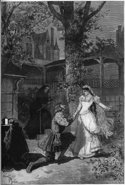 التمثيل المسرحي: "الملك يستمتع" بفيكتور هوغو (1808-1883). المشهد الثاني من الفصل الخامس: منزل تريبوليه ، الملك فرانسوا الأول (منيت سولي (أو منيت سولي) 1841-1916) عند أقدام بلانش (جوليا بارتيت) بواسطة أدريان إيمانويل ماري