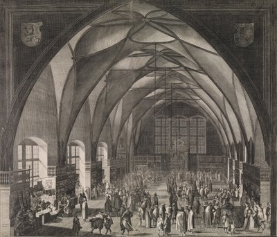 منظر داخلي لقاعة فلاديسلاف في قلعة براغ خلال المعرض السنوي ، 1607. ، 1607. بواسطة Aegidius Sadeler II