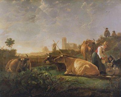 منظر بعيد لدوردريخت مع راعي نائم وخمسة أبقار ("المنظر الصغير") ، c.1650-52 بواسطة آلبرت كويب