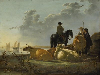 الفلاحون والماشية على ضفاف نهر مرويد ، حوالي 1655-60 (زيت على لوح) بواسطة آلبرت كويب