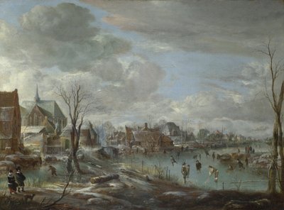 نهر متجمد بالقرب من قرية ، مع لاعبي الغولف والمتزلجين ، ج. 1647-1648 بواسطة Aert van der Neer