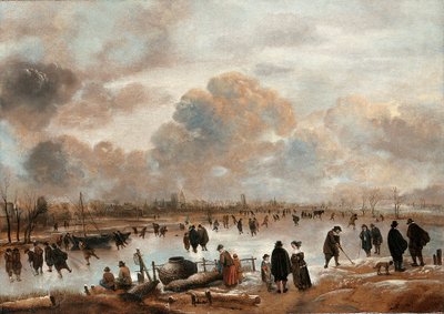 منظر شتوي مع متزلجين وتاونسفولك على ممر مائي مجمد بواسطة Aert van der Neer