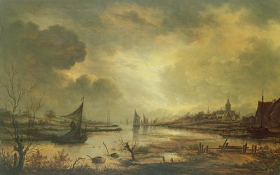 بلدة داتش على نهر بضوء القمر (زيت على لوح) بواسطة Aert van der Neer