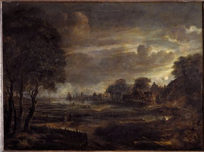 منظر طبيعي في ضوء القمر (رسم بواسطة Aert van der Neer