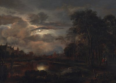 منظر طبيعي مقمر مع جسر بواسطة Aert van der Neer