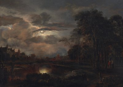 منظر طبيعي مقمر مع جسر ، ربما 16481650. بواسطة Aert van der Neer