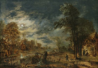 منظر طبيعي مقمر مع قرية بواسطة Aert van der Neer