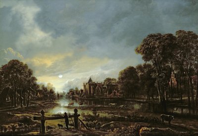 Moonlit نهر المناظر الطبيعية مع أكواخ على ضفاف المشجرة بواسطة Aert van der Neer