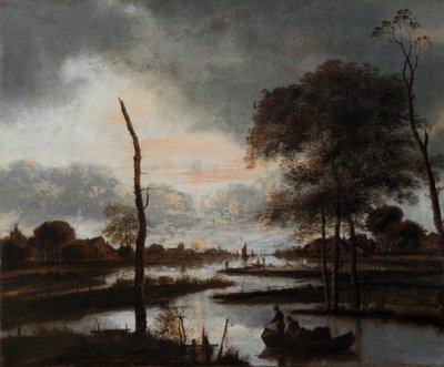 إطلالة على النهر: مساءً (زيت على قماش) بواسطة Aert van der Neer