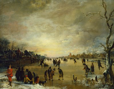 منظر طبيعي شتوي عند غروب الشمس مع أشخاص يلعبون الجولف والتزلج (زيت على قماش) بواسطة Aert van der Neer