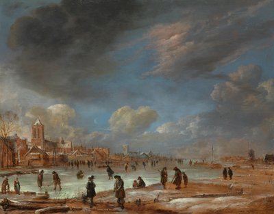 منظر طبيعي شتوي بالقرب من بلدة مع Kolf Players بواسطة Aert van der Neer