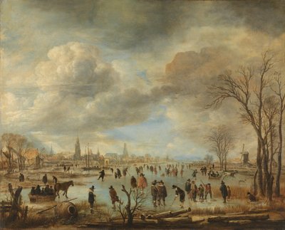منظر طبيعي شتوي بالقرب من بلدة بها لاعبي Kolf والزلاجات التي تجرها الخيول بواسطة Aert van der Neer