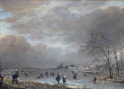 منظر طبيعي شتوي مع المتزلجين على نهر متجمد (زيت على لوح) بواسطة Aert van der Neer