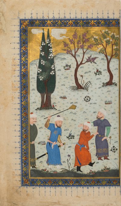الورقة من نص مجهول ؛ المستقيم: أمير محاط بالحاضرين ، هرات ، أفغانستان ، c.1425-30 (ألوان مائية مبهمة ، حبر وذهب على ورق) بواسطة المدرسة الأفغانية