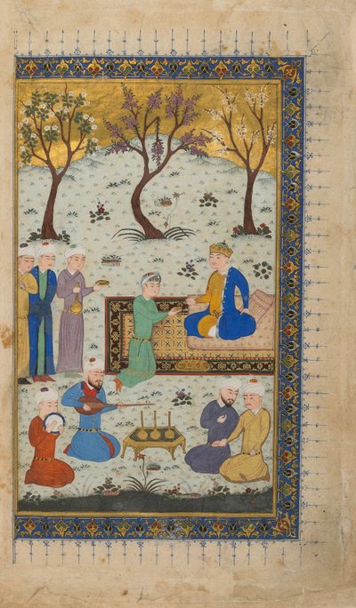 الورقة من نص مجهول ؛ في الصورة: أمير محاط بالحاضرين ، هرات ، أفغانستان ، 1425-30 (ألوان مائية غير شفافة وحبر وذهب على ورق) بواسطة المدرسة الأفغانية