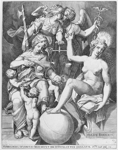 رمزية لمزمور داود ، Misericordia جالسًا إلى اليسار يطعم أربعة أطفال مع ... ، 1579. بواسطة بعد اجوستينو كاراتشي.