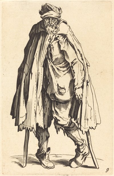 شحاذ مع عكازات وكيس بواسطة After Jacques Callot
