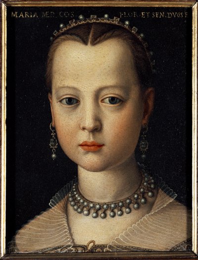 صورة لماري ميديشي (1540-1557) ابنة كوزيمو الأول من توسكانا (كوزيمو الأول دي ميديشي) (1519-1574) (صورة ماريا دي ميديشي ابنة كوزيمو الأول دي ميديشي ، دوق توسكانا الأكبر) بواسطة Cosimo) (1503-1572) 1551 Dim 15x12 c بواسطة أغنولو برونزينو