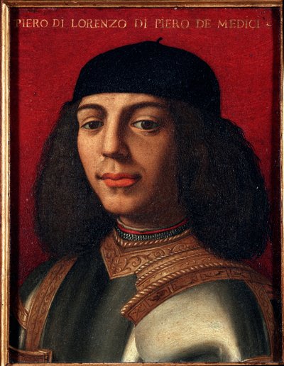 صورة بيتر الثاني من ميديتشي (1472-1503) (بييرو دي لورنزو دي ميديشي أو بييرو المؤسف) سياسي وعسكري إيطالي ، ابن لوران اللوحة الرائعة التي رسمها أنولو ألوري المسمى برونزينو (1503-1572) ، زيت على النحاس Dim 15x12 سم قصر م بواسطة أغنولو برونزينو