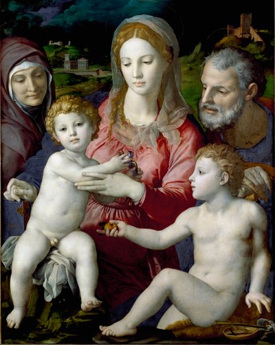 العائلة المقدسة مع القديسة آن والقديسة يوحنا الطفل لوحة بواسطة Agnolo di Cosimo dit Bronzino (1503-1572) 1550 Sun. 124.5x99.5 سم متحف Kunsthistorisches فيينا بواسطة أغنولو برونزينو