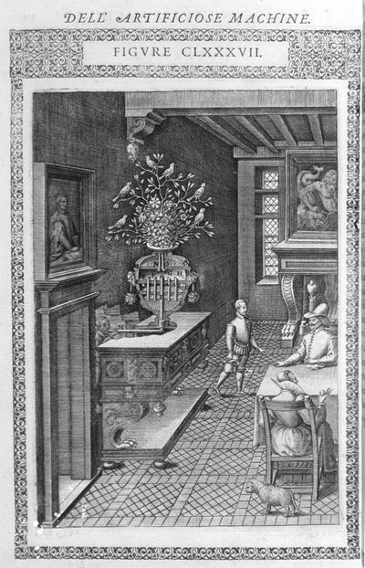 نافورة بها طيور مزيفة تغني. هذا مشروع من إعداد Agostino Ramelli ، وفقًا لـ "" Diverse and Artificiosis Machine "". ميلان 1600. بواسطة اجوستينو (بعد) راميللي