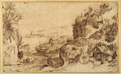 Downward view of a fortified harbour (pen & brown ink on paper) بواسطة Agostino (Attr. To) Carracci