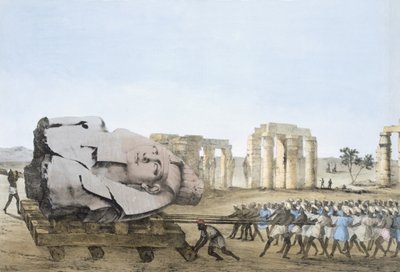 طريقة إزالة رأس الشاب ممنون ، من اللوحات التوضيحية للأبحاث في مصر والنوبة ، جيوفاني باتيستا بيلزوني ، حانة. 1822 (ليثوغرة ملونة) بواسطة اجوستينو اجليو