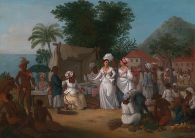 سوق كتان مع بائع كتان وخضروات في جزر الهند الغربية ، كاليفورنيا. 1780. بواسطة أغوستينو برونياس