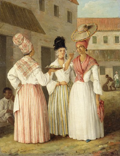فتاة زهرة من غرب الهند وامرأتين أخريين متحررات من اللون ، حوالي عام 1769 (زيت على قماش) بواسطة أغوستينو برونياس