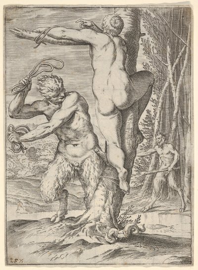 ساتير يجلد حورية ، التي تظهر من الخلف ومربوطة بشجرة ، ساتي الثاني ... ، كاليفورنيا. 1590-95. بواسطة أغوستينو كاراتشي
