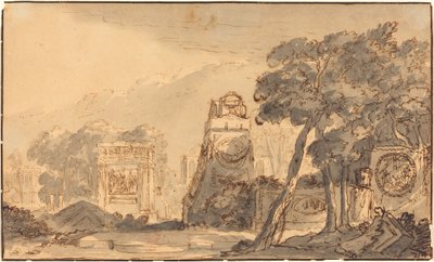 المناظر الطبيعية مع المقابر القديمة بواسطة Agostino Mitelli