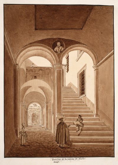 داخل منزل مايكل أنجلو ، 1833 (النقش بغسل بني) بواسطة اجوستينو توفانيلي