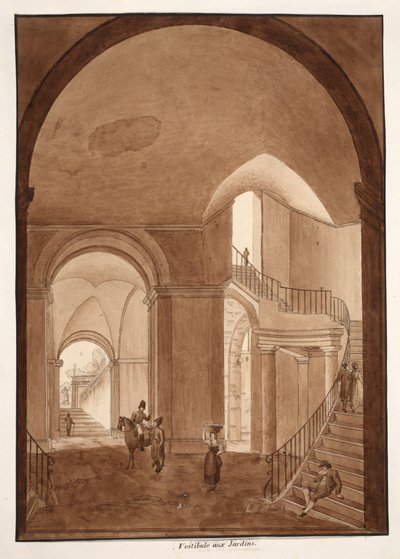 حدائق الدهليز في قصر Caetani all&39;Orso ، 1833 (النقش مع غسل البني) بواسطة اجوستينو توفانيلي
