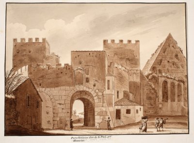 ال Porta Ostiensis أو San Paolo ، التي بناها Honorius ، 1833 (النقش بغسل بني) بواسطة اجوستينو توفانيلي
