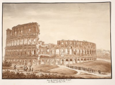 منظر الكولوسيوم من معبد فينوس ، 1833 (النقش بغسل بني) بواسطة اجوستينو توفانيلي