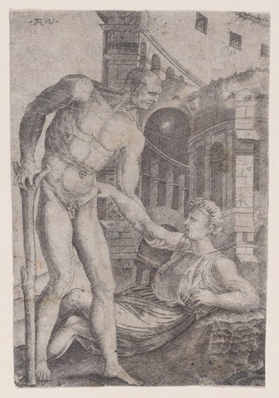 رجل يساعد آخر على قدميه ، كاليفورنيا. 1514-36. بواسطة أغوستينو فينيزيانو