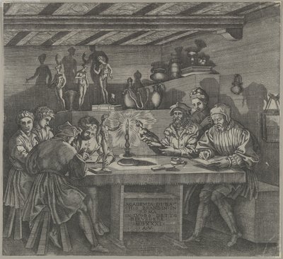 Baccio Bandinelli في الاستوديو الخاص به يحمل تمثالًا صغيرًا لكوكب الزهرة ، والطلاب يرسمون من مو ... ، 1531. بواسطة أغوستينو فينيزيانو
