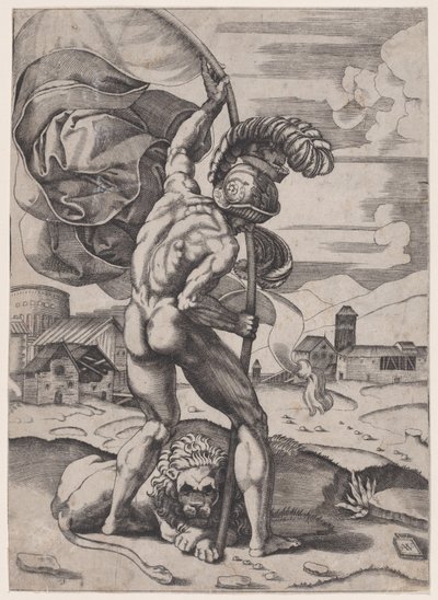 رجل بعلم ، كاليفورنيا. 1514-36. بواسطة أغوستينو فينيزيانو