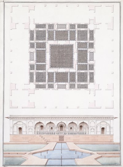 ارتفاع الواجهة الجنوبية وقصر حديقة سوراج بهاوان في حفر ، حوالي عام 1830 (قلم رصاص وقلم وحبر رمادي وألوان مائية) بواسطة مدرسة اجرا