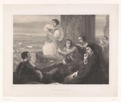 هيلين مع قيثارة أديلسفريت وشخصيات أخرى على برج Hélène Adelsfreit (العنوان على الكائن) بواسطة Aime de Lemud