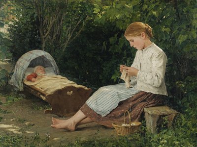 فتاة تريكو تراقب الطفل في المهد بواسطة أنكر ، ألبرت (1831-1910). زيت على قماش ، مقاس: ٥٤ × ٧٠ بواسطة ألبرت أنكر