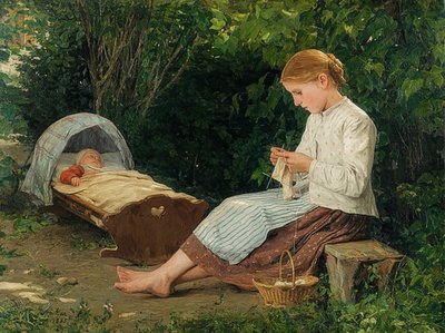 فتاة تريكو ، طفل صغير يميل في المهد. 1885 بواسطة ألبرت أنكر