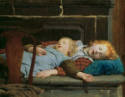 فتاتان نائمتان على مقعد الموقد بواسطة أنكر ، ألبرت (1831-1910). زيت على قماش بواسطة ألبرت أنكر