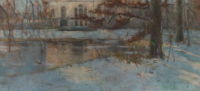 منزل ريفي ومنتزه مغطى بالثلوج، حوالي عام 1892 (باستيل على ورق على قماش) بواسطة ألبرت بيرتسوين