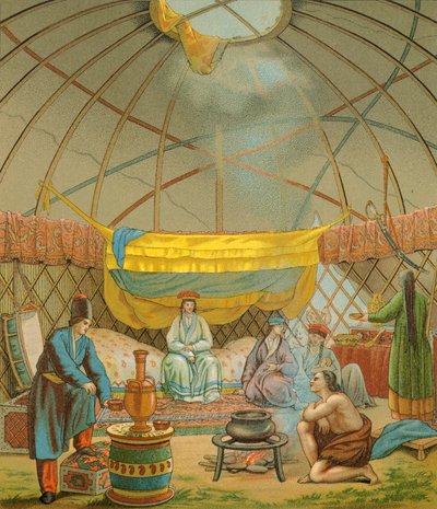 كالميك ، خيمة كالموك ، رسم توضيحي من تاريخ الأزياء الكامل بقلم راسينيت أوغست بواسطة ألبرت تشارلز أوغست راسينت