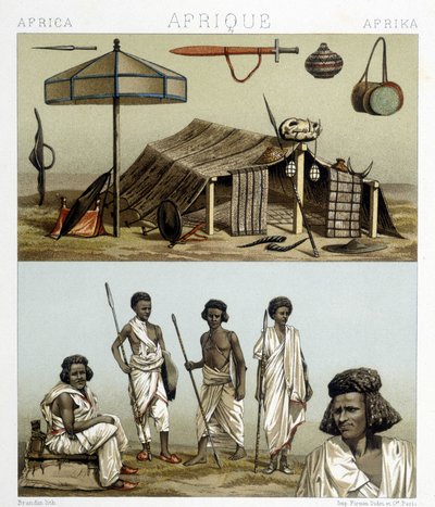 المعسكر والملابس التقليدية من النوبة. رسم توضيحي في "" Le costume historyique "" لـ Racinet بواسطة ألبرت تشارلز أوغست راسينت