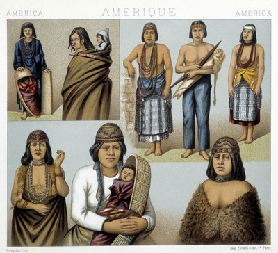 أزياء هنود كاليفورنيا. رسم إيضاحي في "الزي التاريخي" لراتسينيت بواسطة ألبرت تشارلز أوغست راسينت