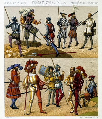 أزياء عسكرية فرنسية في القرن السادس عشر. لوحة Chromolithographic - في "" Le costume historyique "" لـ Racinet بواسطة ألبرت تشارلز أوغست راسينت
