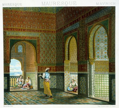 داخل منزل مغاربي (قصر الحمراء ، غرفة البركة). لوحة Chromolithographic - في "" Le costume historyique "" لـ Racinet بواسطة ألبرت تشارلز أوغست راسينت